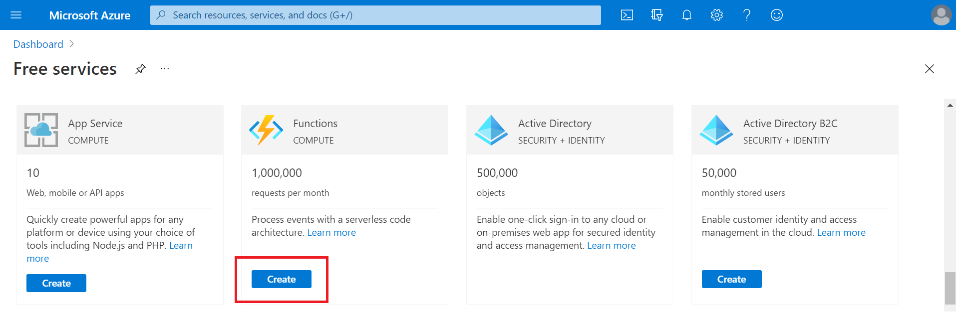Functions within Free Services in the Azure Portal