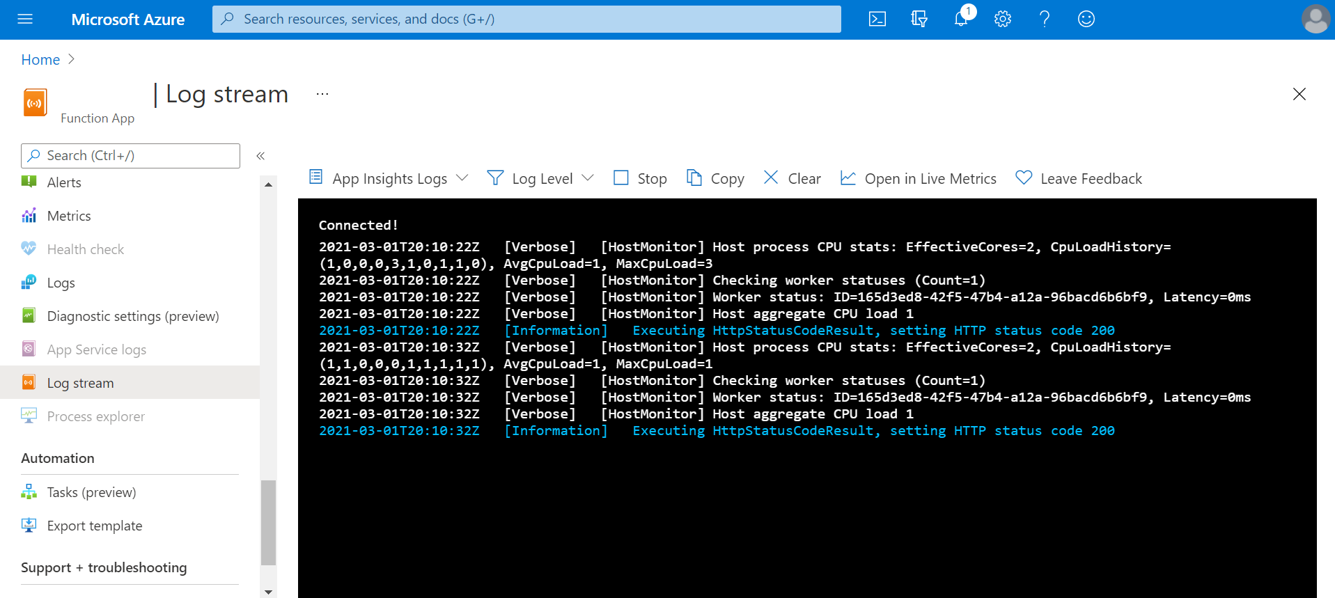 The log stream from within the Azure Portal