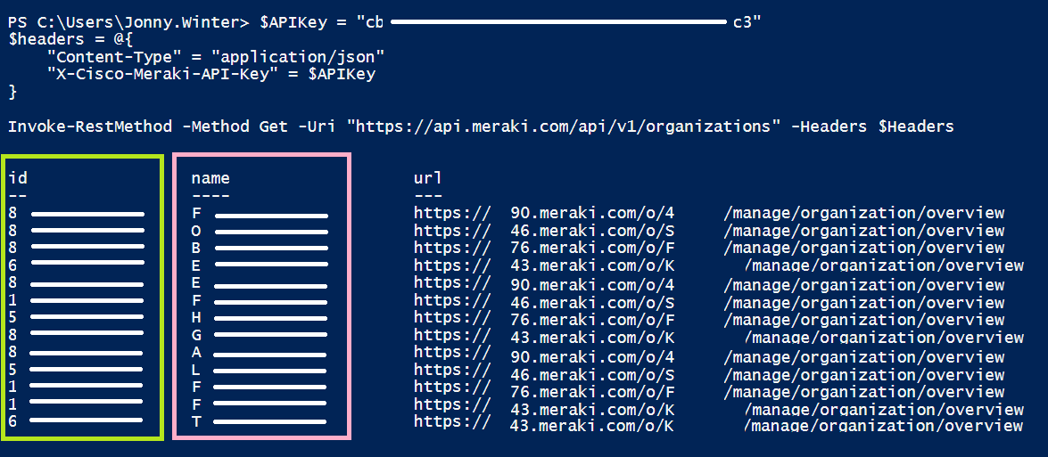 Meraki API PowerShell Get Organisations